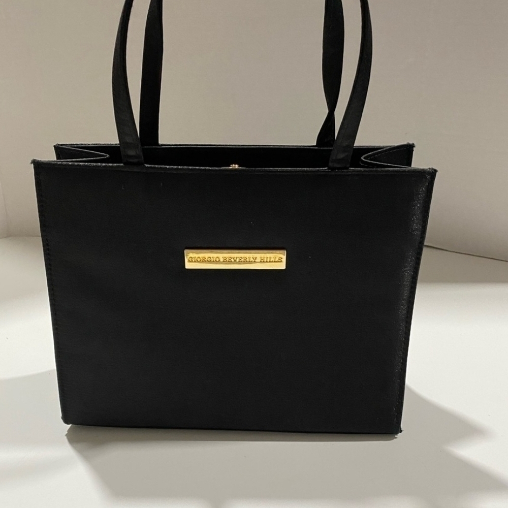 Giorgio Beverly Hills -Womens Black Vintage purse Handbag Satin Gold plate